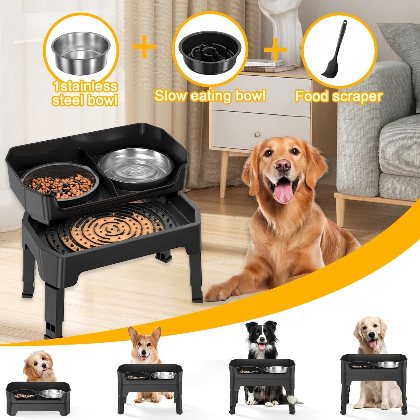 Elevated Stainless Steel Slow Feeder Dog Bowls - Black Pet Food Dishes NEW