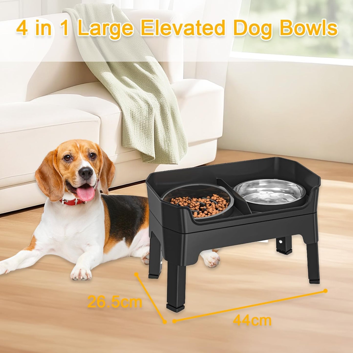 Elevated Stainless Steel Slow Feeder Dog Bowls - Black Pet Food Dishes NEW