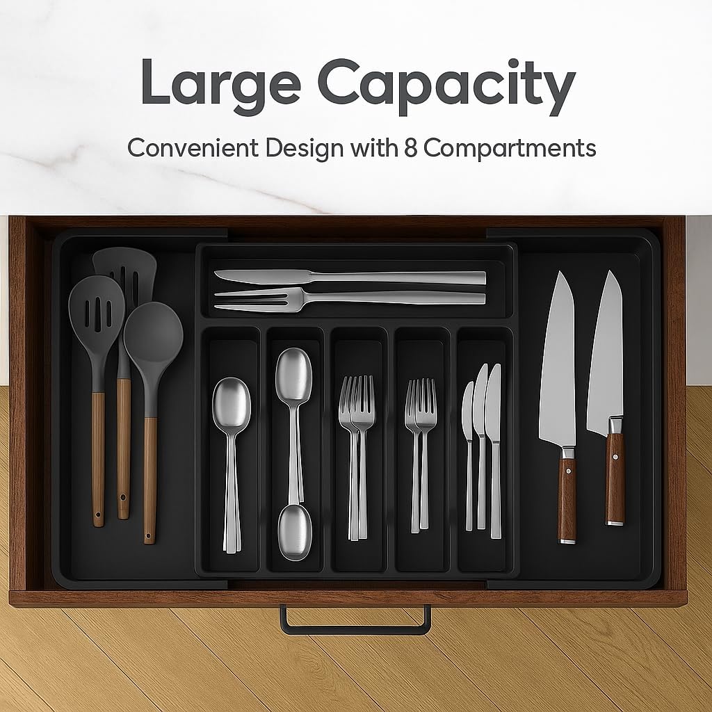 Expandable Adjustable Cutlery Drawer Organizer Large Kitchen Storage Black NEW