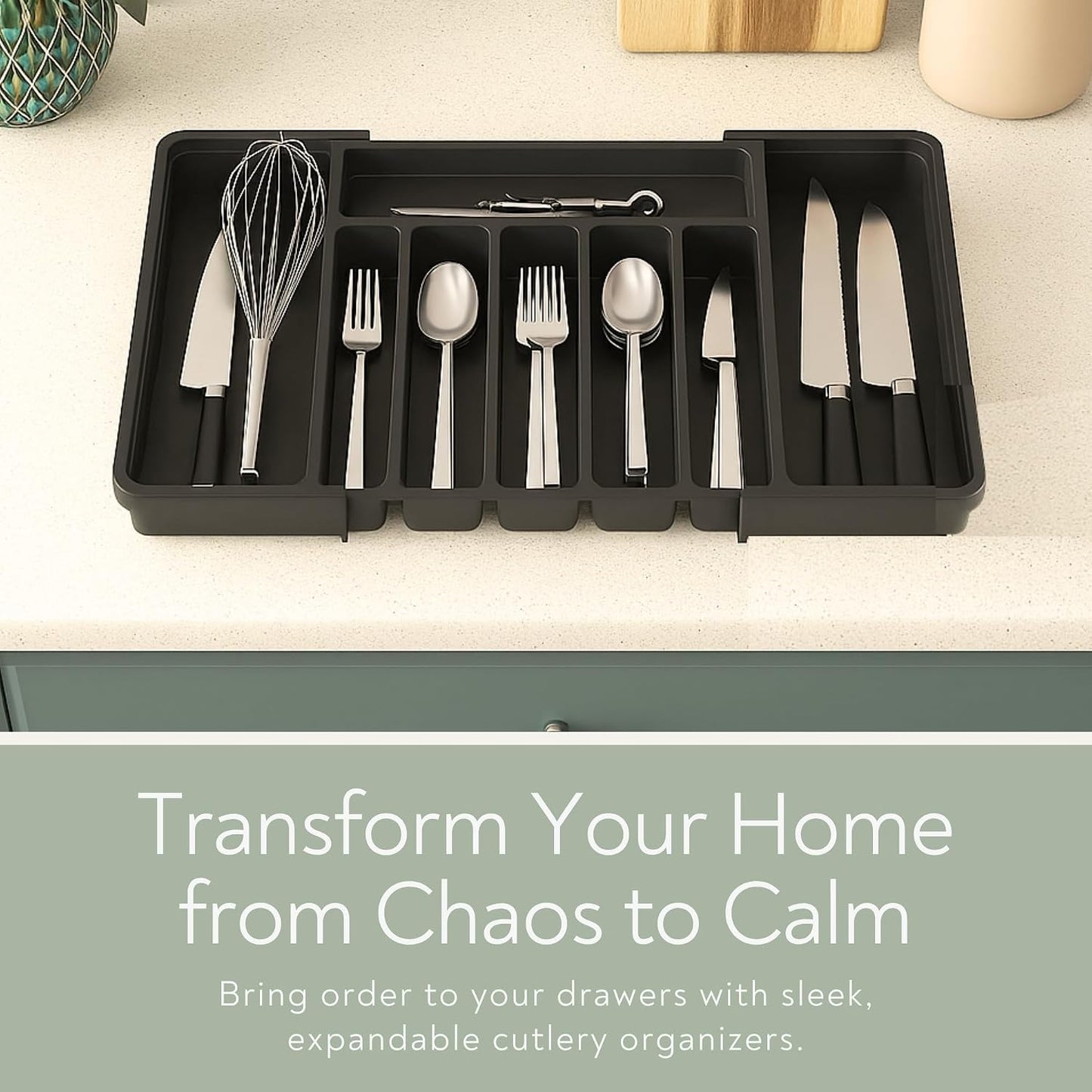 Expandable Adjustable Cutlery Drawer Organizer Large Kitchen Storage Black NEW