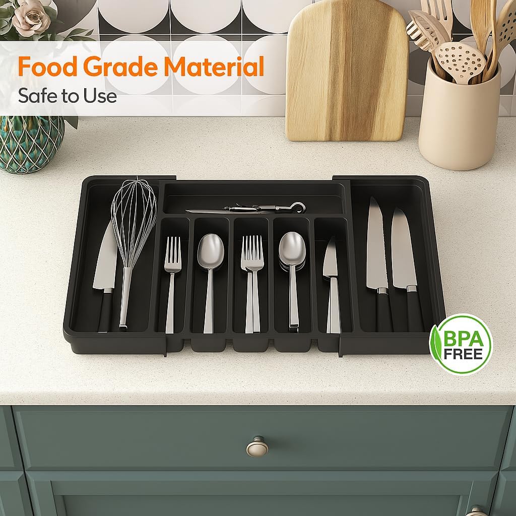 Expandable Adjustable Cutlery Drawer Organizer Large Kitchen Storage Black NEW