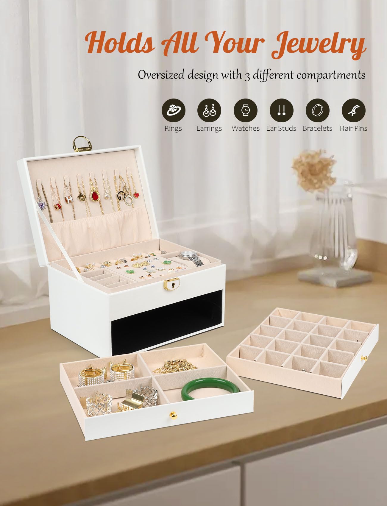 Large 3-Layer Jewellery Box Organizer with Faux Leather Storage Case in NEW