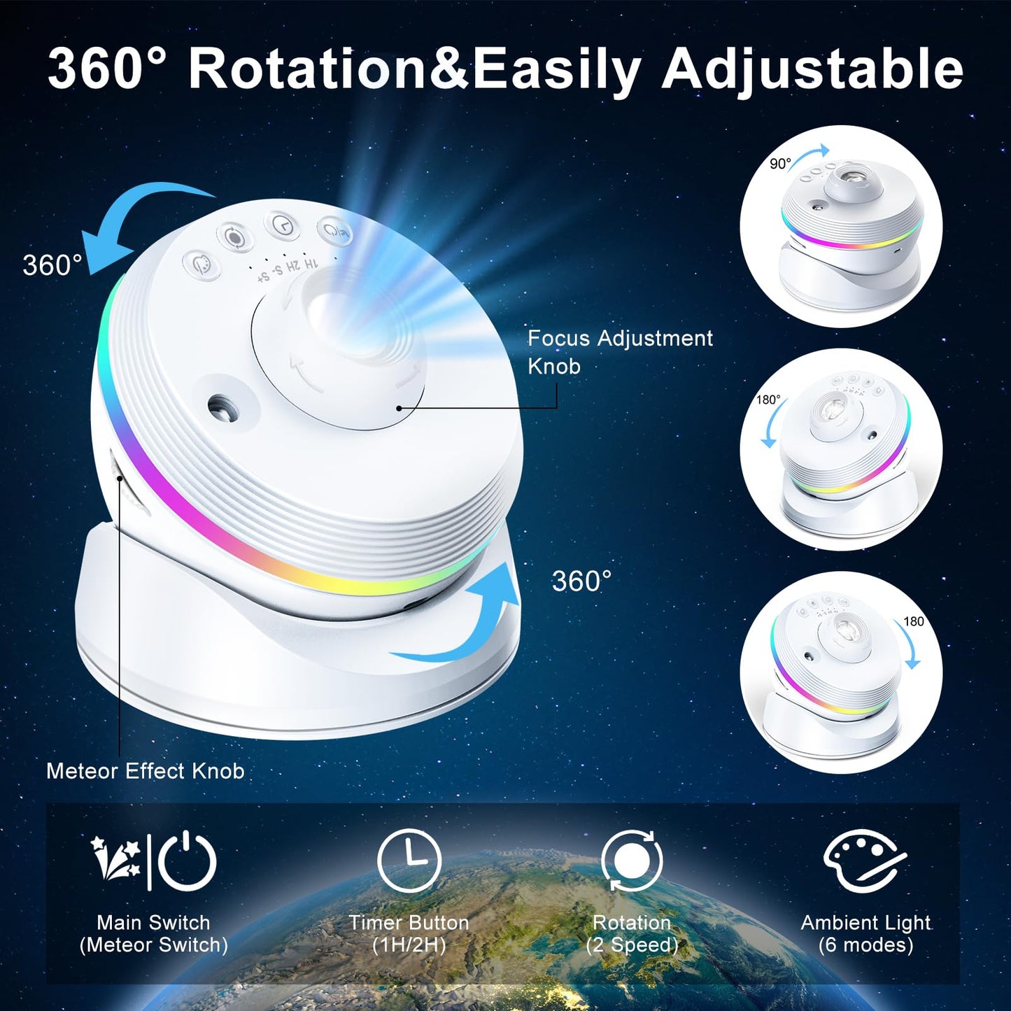 4K HD Planetarium Star Projector 360° Rotating Night Light for Home, White NEW