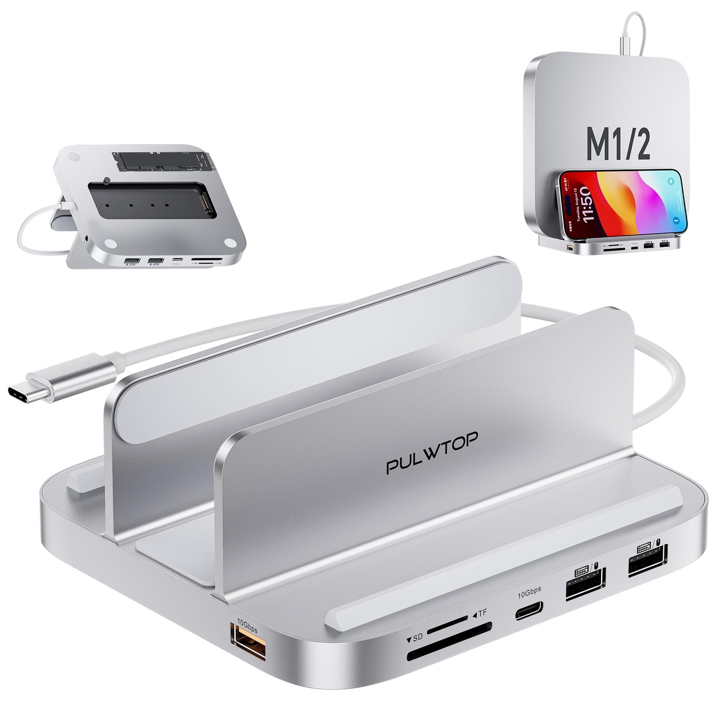 PULWTOP 4TB USB Hubs M.2 NVMe SSD Enclosure USB Hub for Mac mini, Silver DEMO