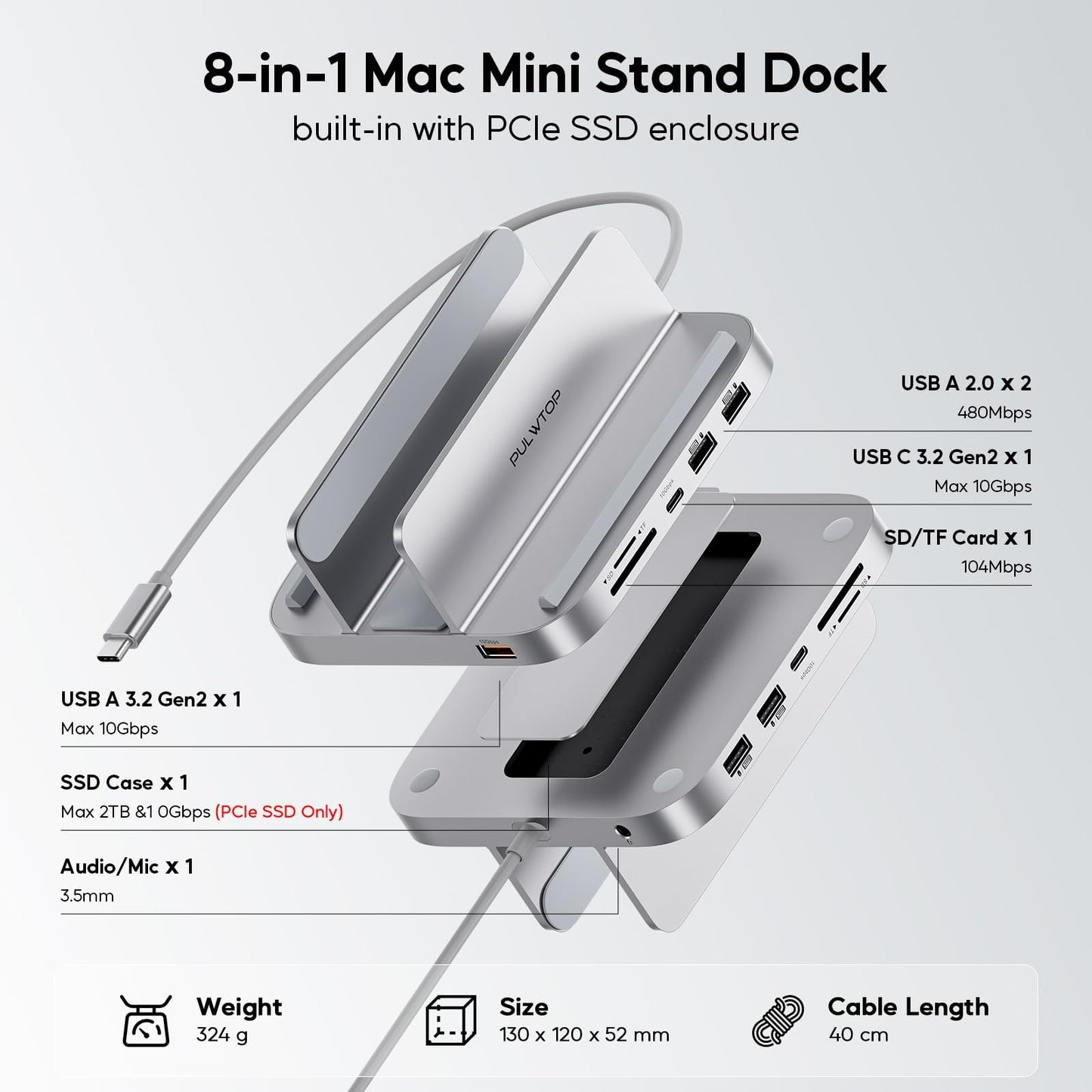 PULWTOP 4TB USB Hubs M.2 NVMe SSD Enclosure USB Hub for Mac mini, Silver DEMO