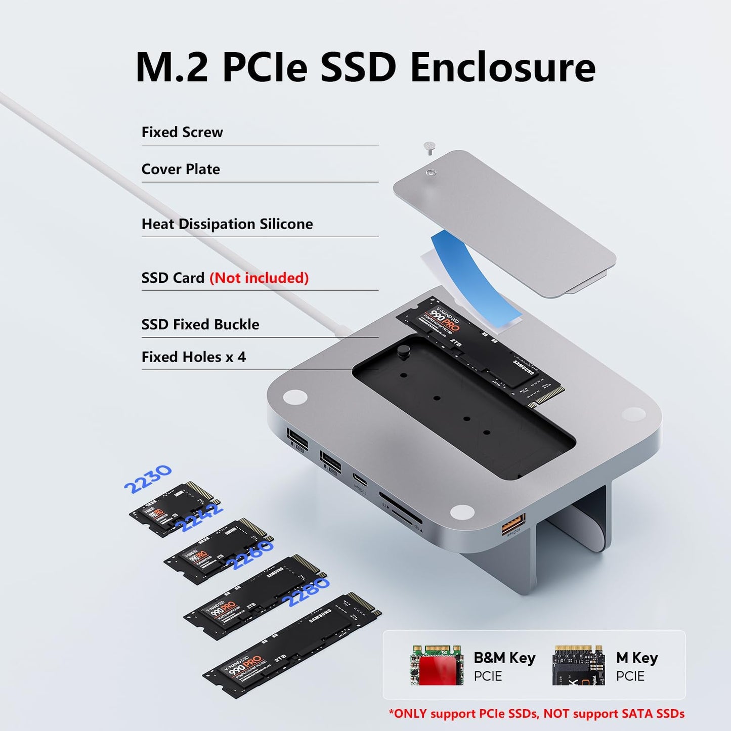 PULWTOP 4TB USB Hubs M.2 NVMe SSD Enclosure USB Hub for Mac mini, Silver DEMO