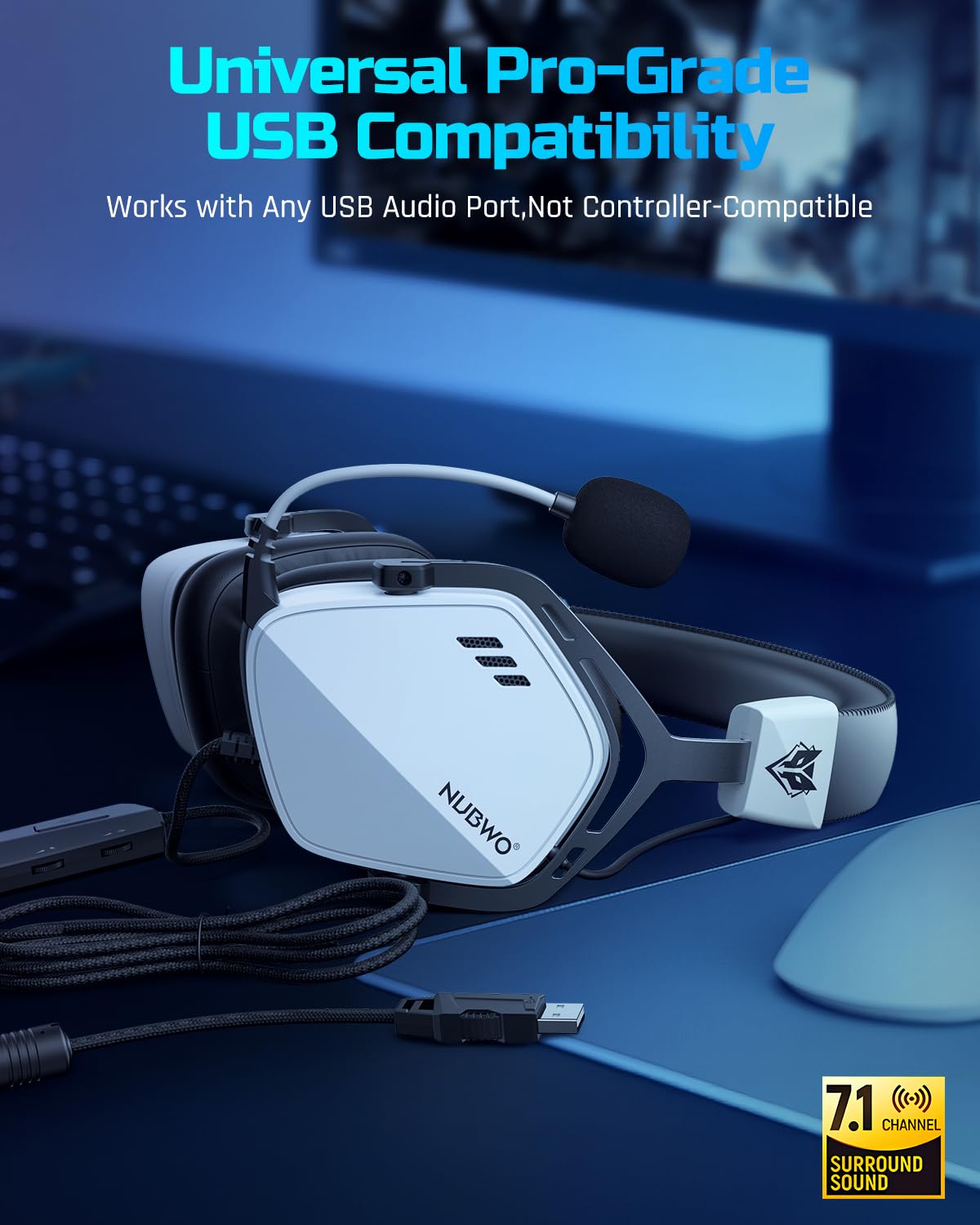 NUBWO USB Gaming Headset 7.1 Surround Sound Wired Headphones White & Black DEMO