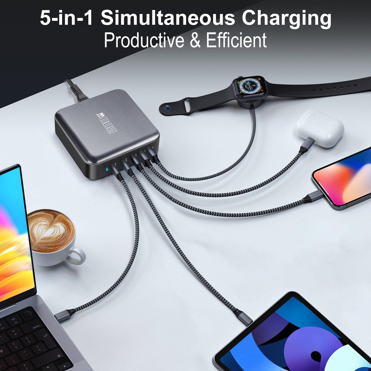 200W USB-C Portable Fast Charging Station with 5 Ports in Black DEMO