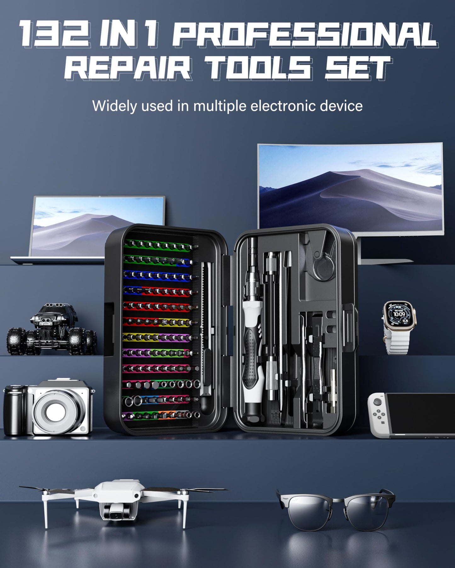 132-Piece Magnetic Precision Screwdriver Set Repair Tool Kit in Black for DEMO