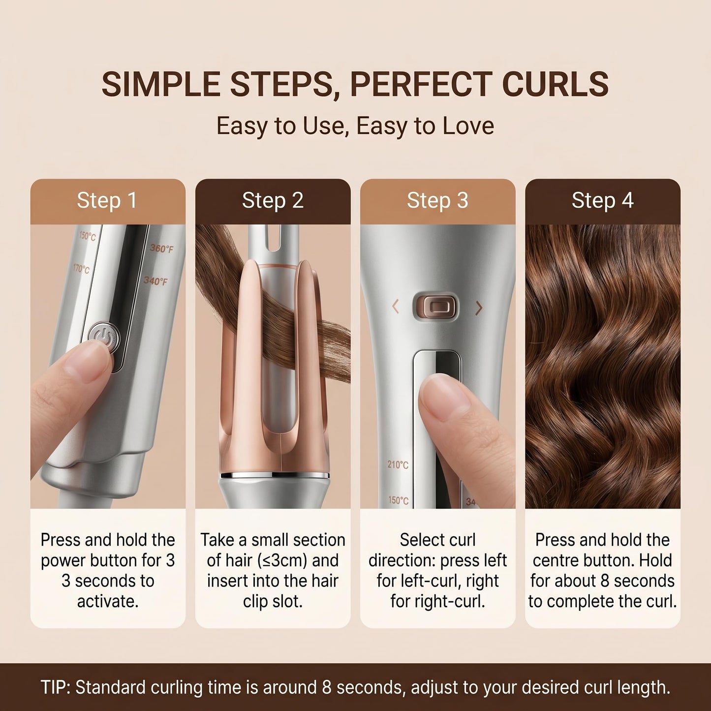 Ceramic Curling Tongs with 3 Temperature Settings, Gold, 5.1 cm DEMO