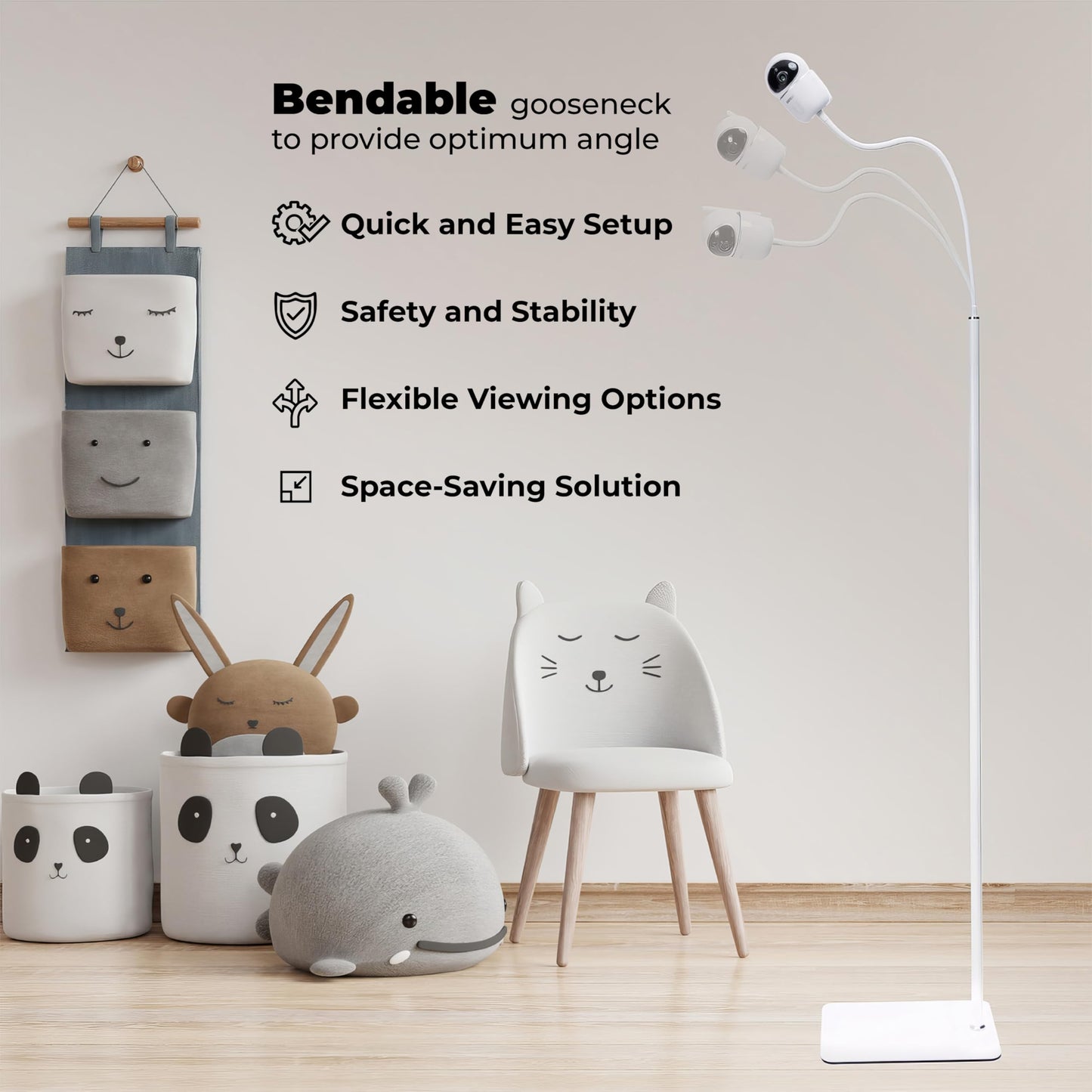 Goozie White Baby Monitor Floor Stand Holder - Adjustable Nursery Camera DEMO