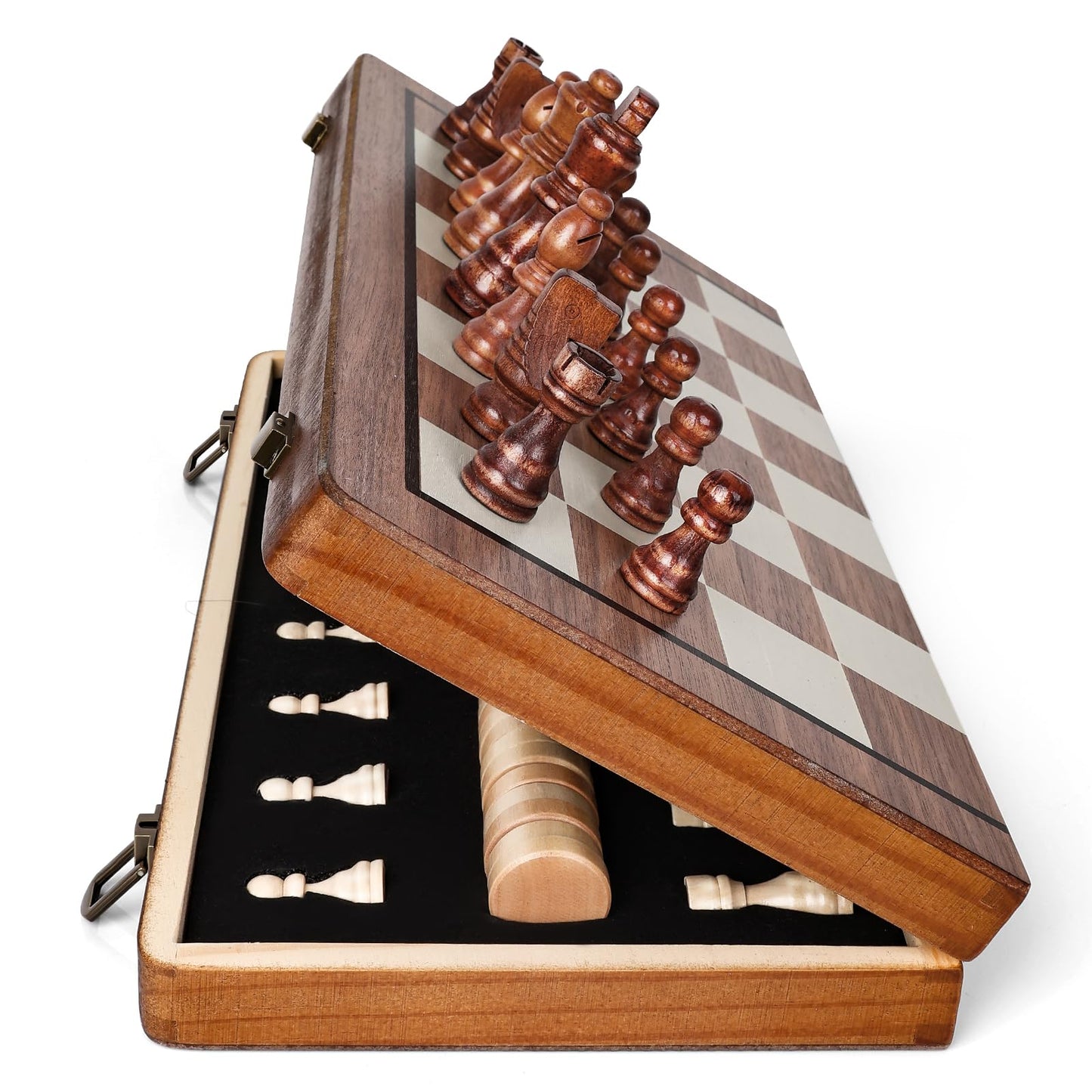 Portable Folding Wooden Magnetic Chess Board Game Set, 15 Inch, Brown Size NEW