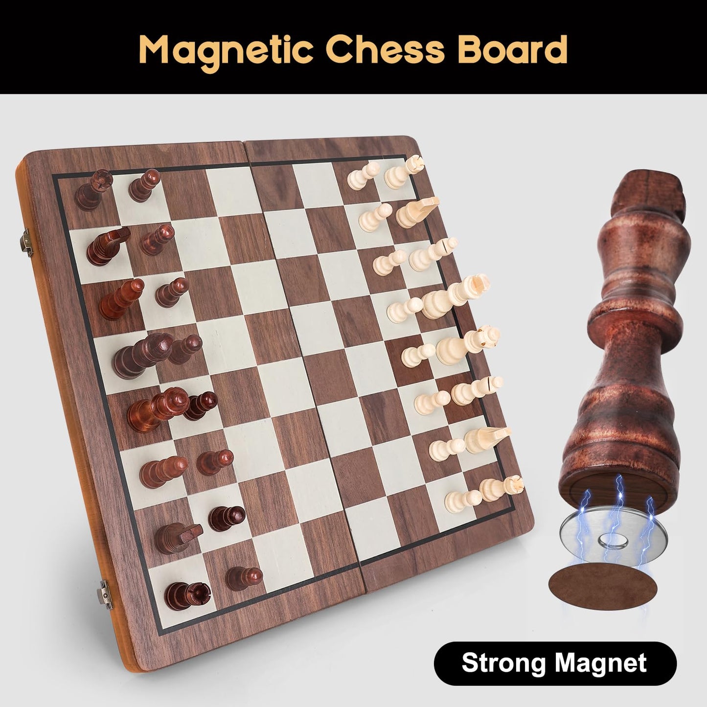 Portable Folding Wooden Magnetic Chess Board Game Set, 15 Inch, Brown Size NEW