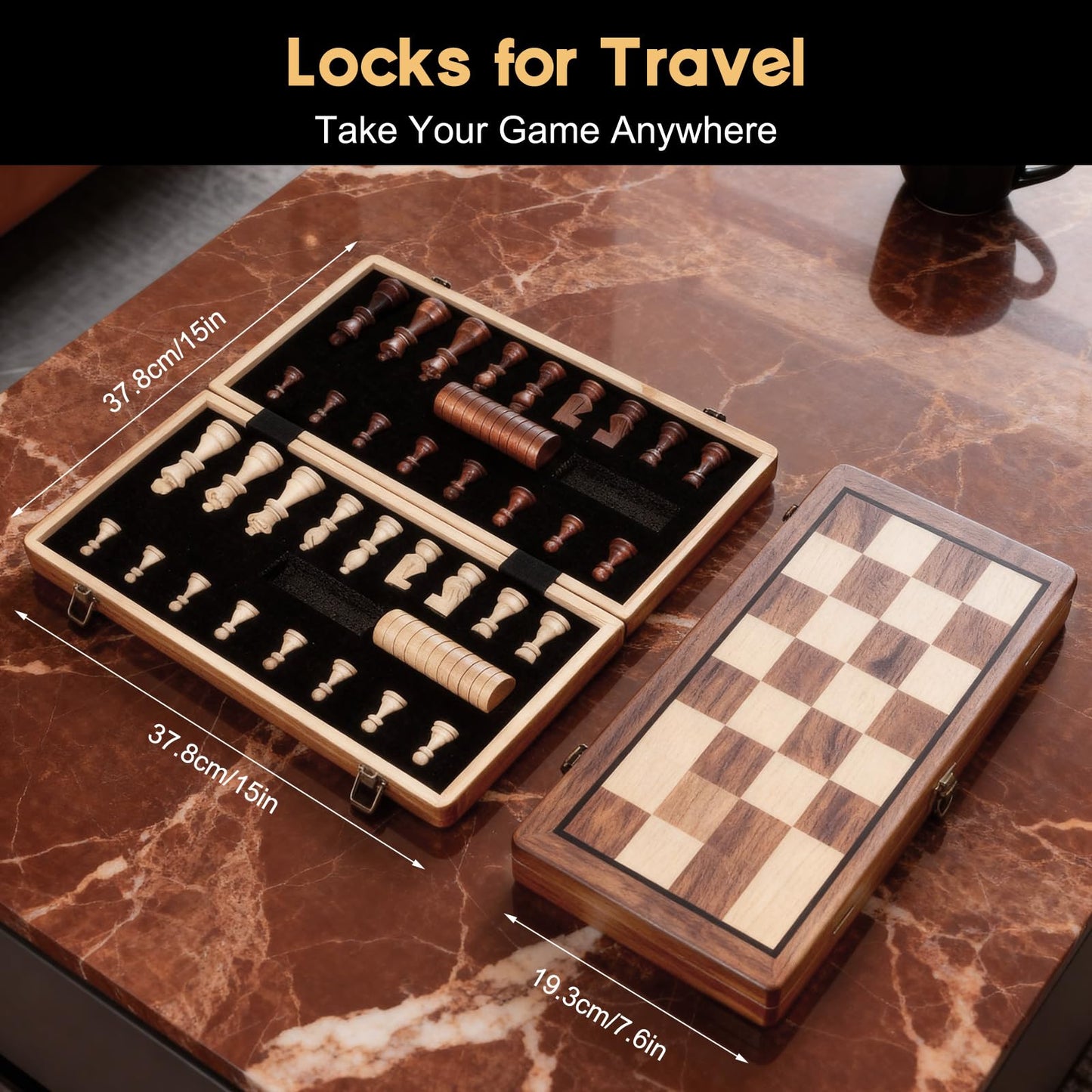 Portable Folding Wooden Magnetic Chess Board Game Set, 15 Inch, Brown Size NEW