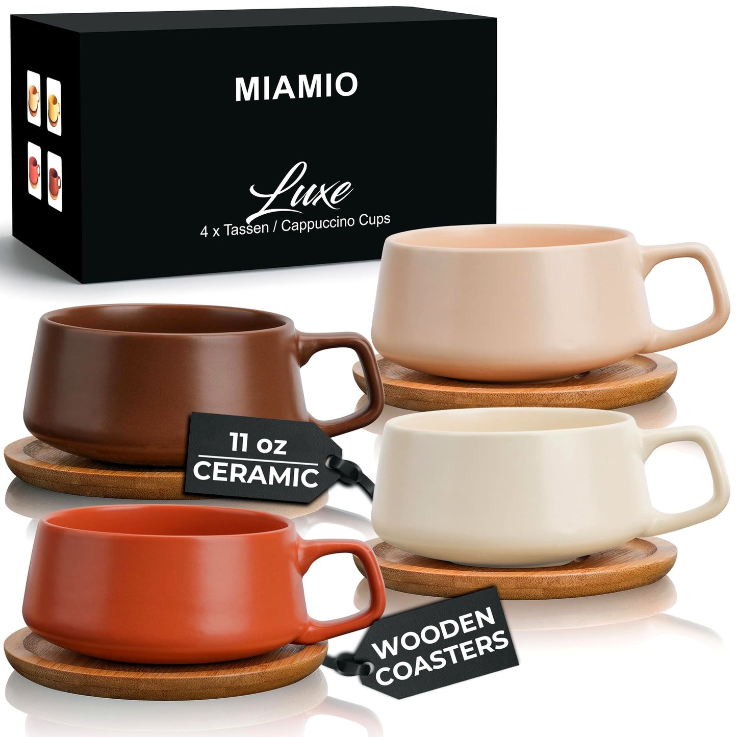 MIAMIO 320ml Ceramic Coffee Mugs Set of 4 Browns Cups Saucers for Home Size NEW