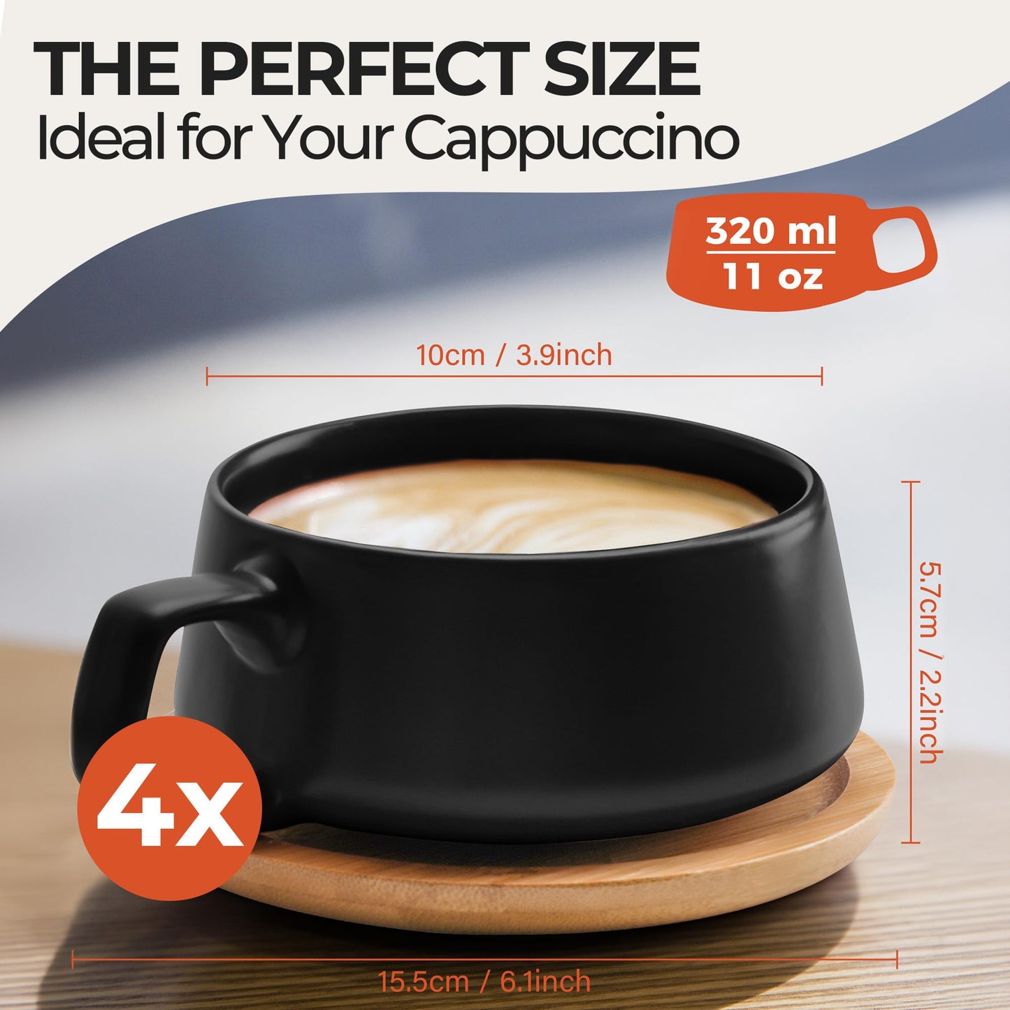 MIAMIO 320ml Ceramic Coffee Mugs Set of 4 Browns Cups Saucers for Home Size NEW