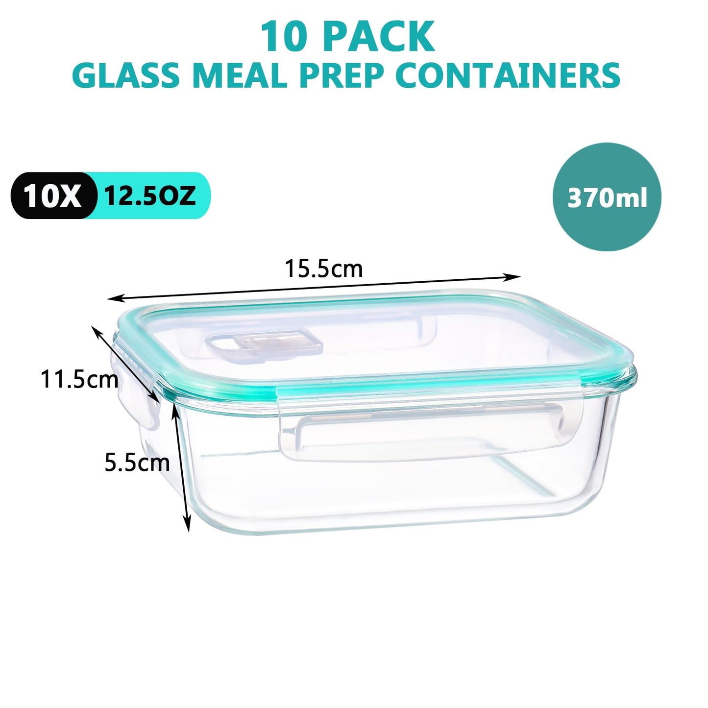 Feshory Airtight Glass Food Storage Container Sets, 10 Piece, 370ML, Clear NEW
