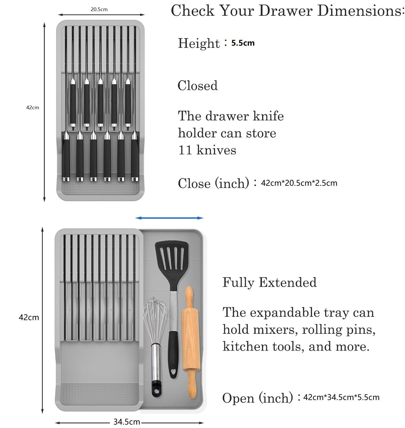 Expandable In-Drawer Knife Block Holder Organizer Grey Kitchen Storage DEMO