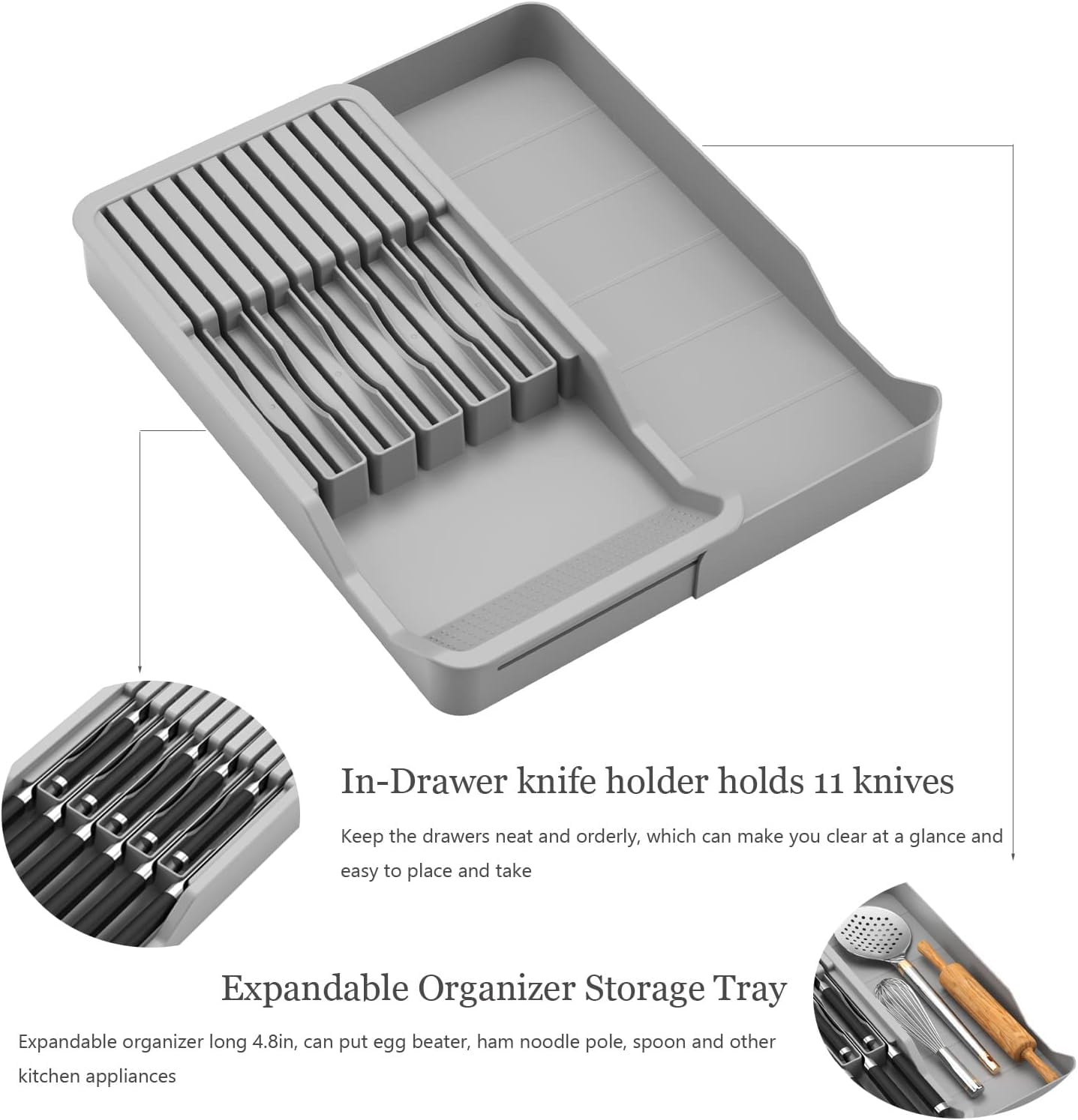 Expandable In-Drawer Knife Block Holder Organizer Grey Kitchen Storage DEMO