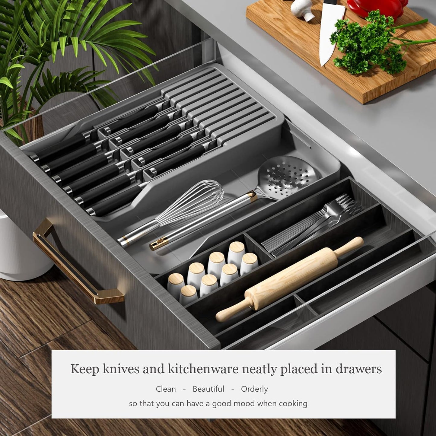 Expandable In-Drawer Knife Block Holder Organizer Grey Kitchen Storage DEMO