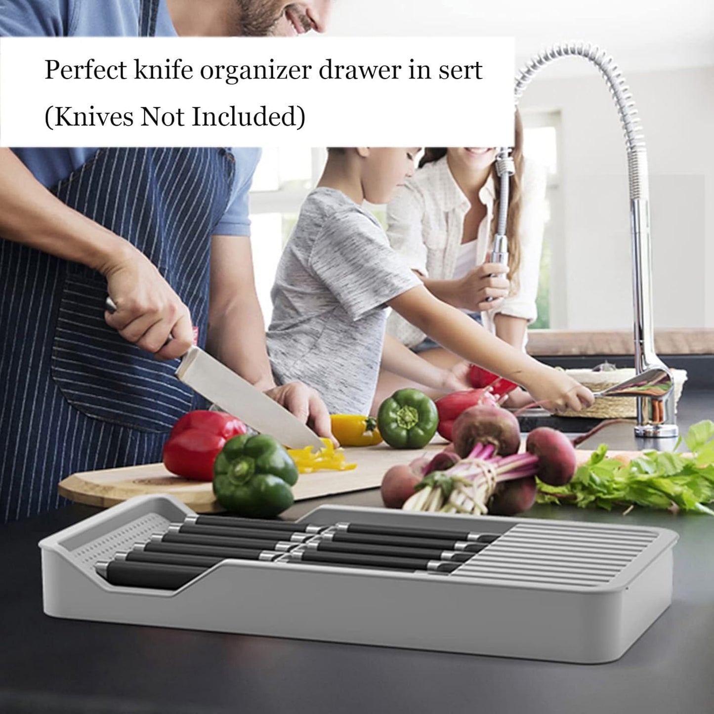 Expandable In-Drawer Knife Block Holder Organizer Grey Kitchen Storage DEMO