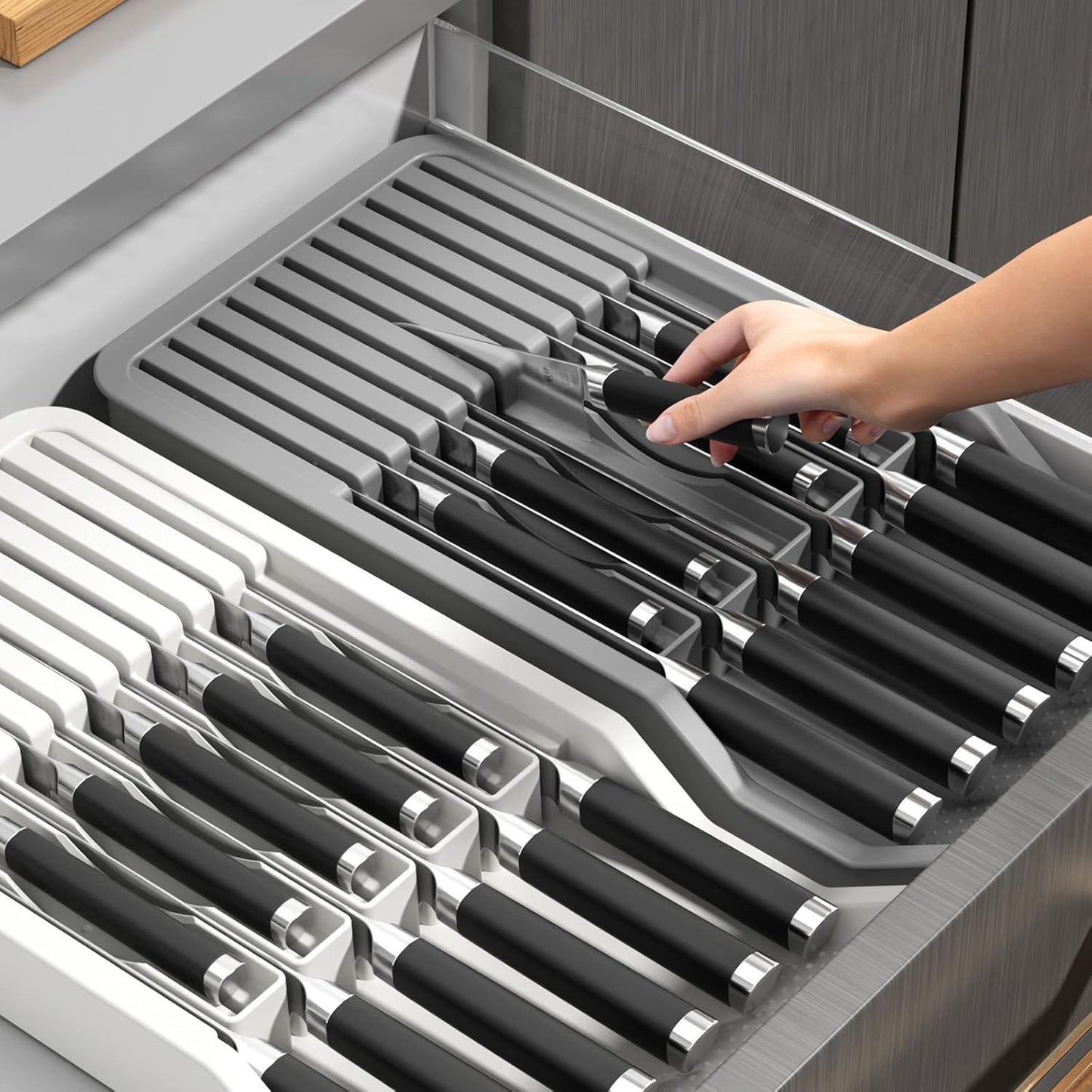 Expandable In-Drawer Knife Block Holder Organizer Grey Kitchen Storage DEMO