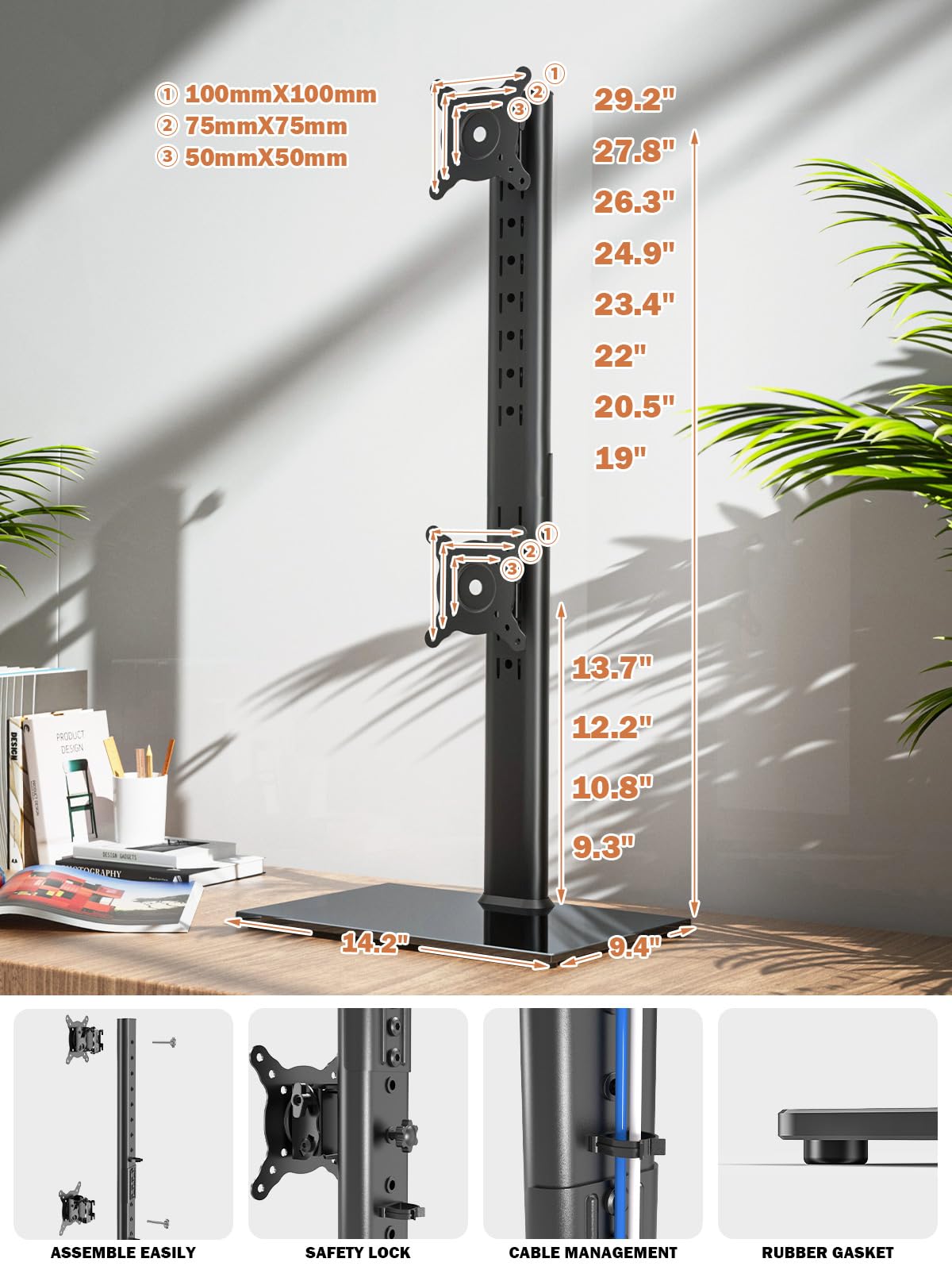 Hemudu Vertical Dual Monitor Stand Alloy Steel Free-Standing Riser Black DEMO