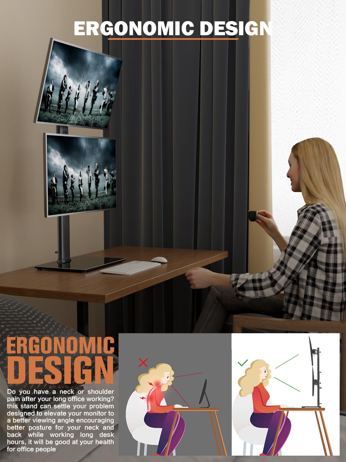 Hemudu Vertical Dual Monitor Stand Alloy Steel Free-Standing Riser Black DEMO