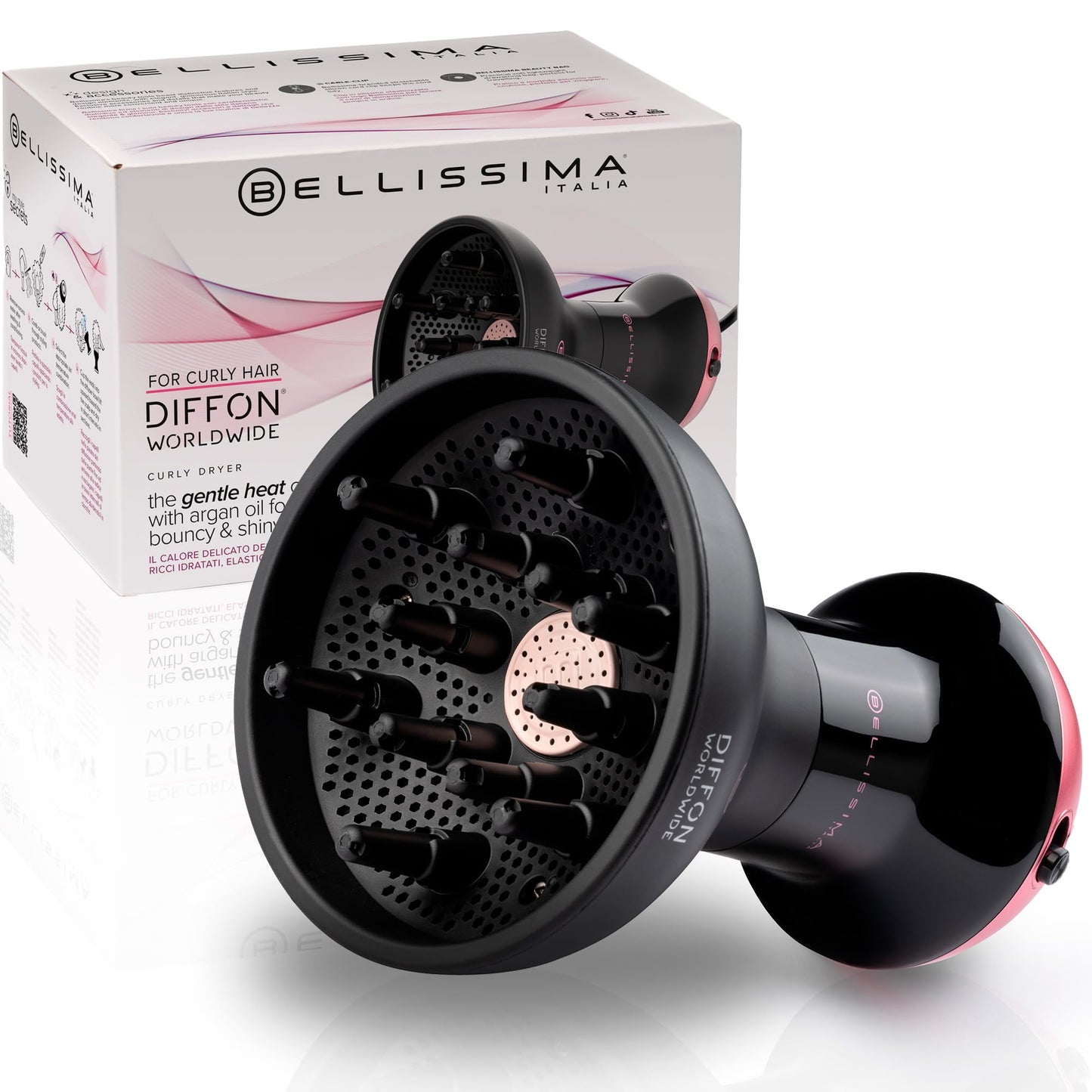 BELLISSIMA Curly Hair Dryer Diffuser, Compact Travel Size, Black & Pink DEMO