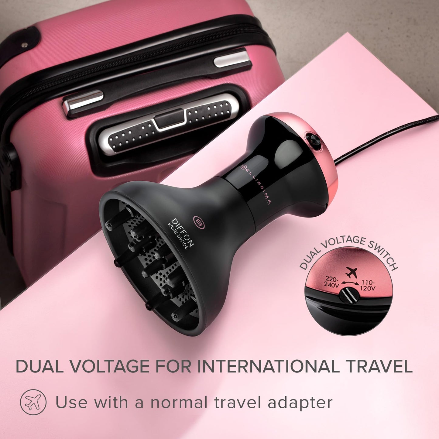 BELLISSIMA Curly Hair Dryer Diffuser, Compact Travel Size, Black & Pink DEMO
