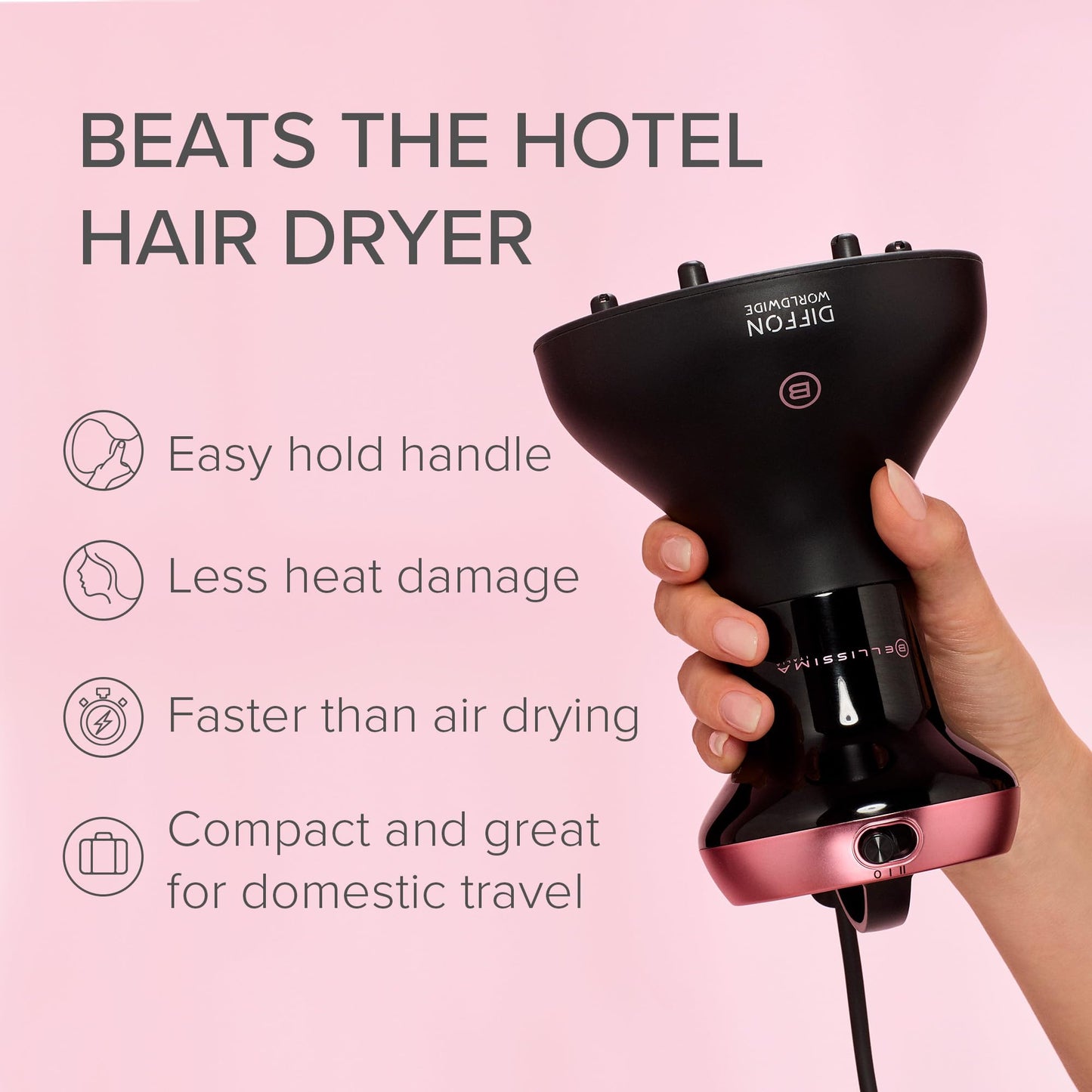 BELLISSIMA Curly Hair Dryer Diffuser, Compact Travel Size, Black & Pink DEMO