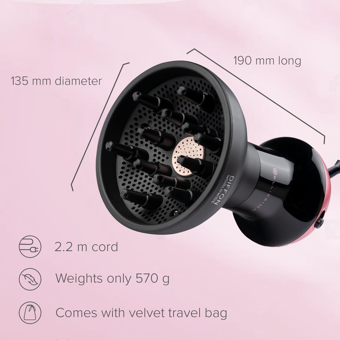 BELLISSIMA Curly Hair Dryer Diffuser, Compact Travel Size, Black & Pink DEMO