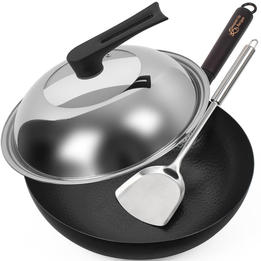 Souped Up Woks Recipes 12.5" Carbon Steel Wok with Stainless Glass Lid DEMO