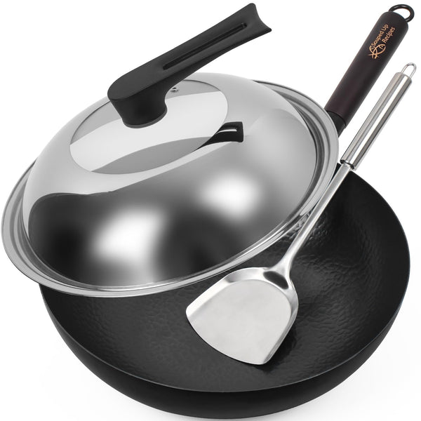 Souped Up Woks Recipes 12.5" Carbon Steel Wok with Stainless Glass Lid DEMO