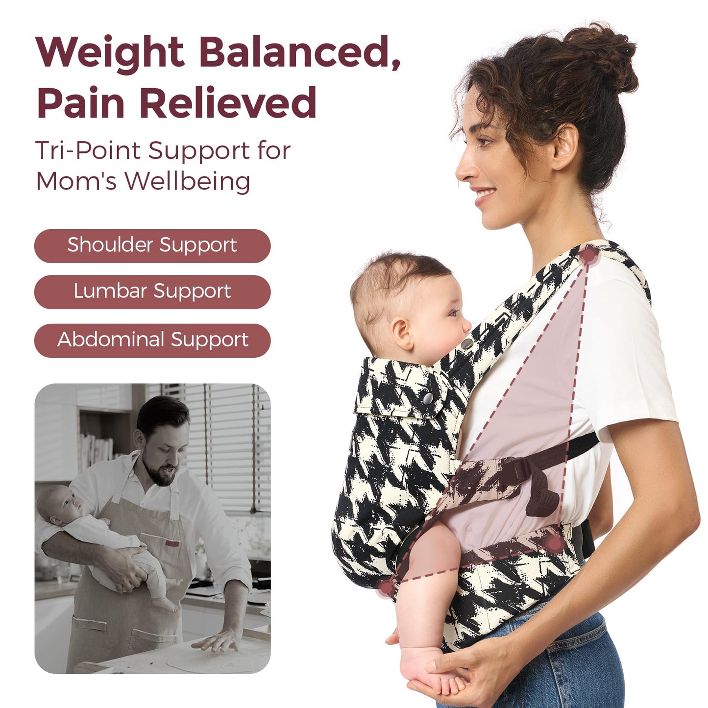Momcozy Ergonomic Houndstooth Baby Carrier Lightweight Cozy Babywearing NEW