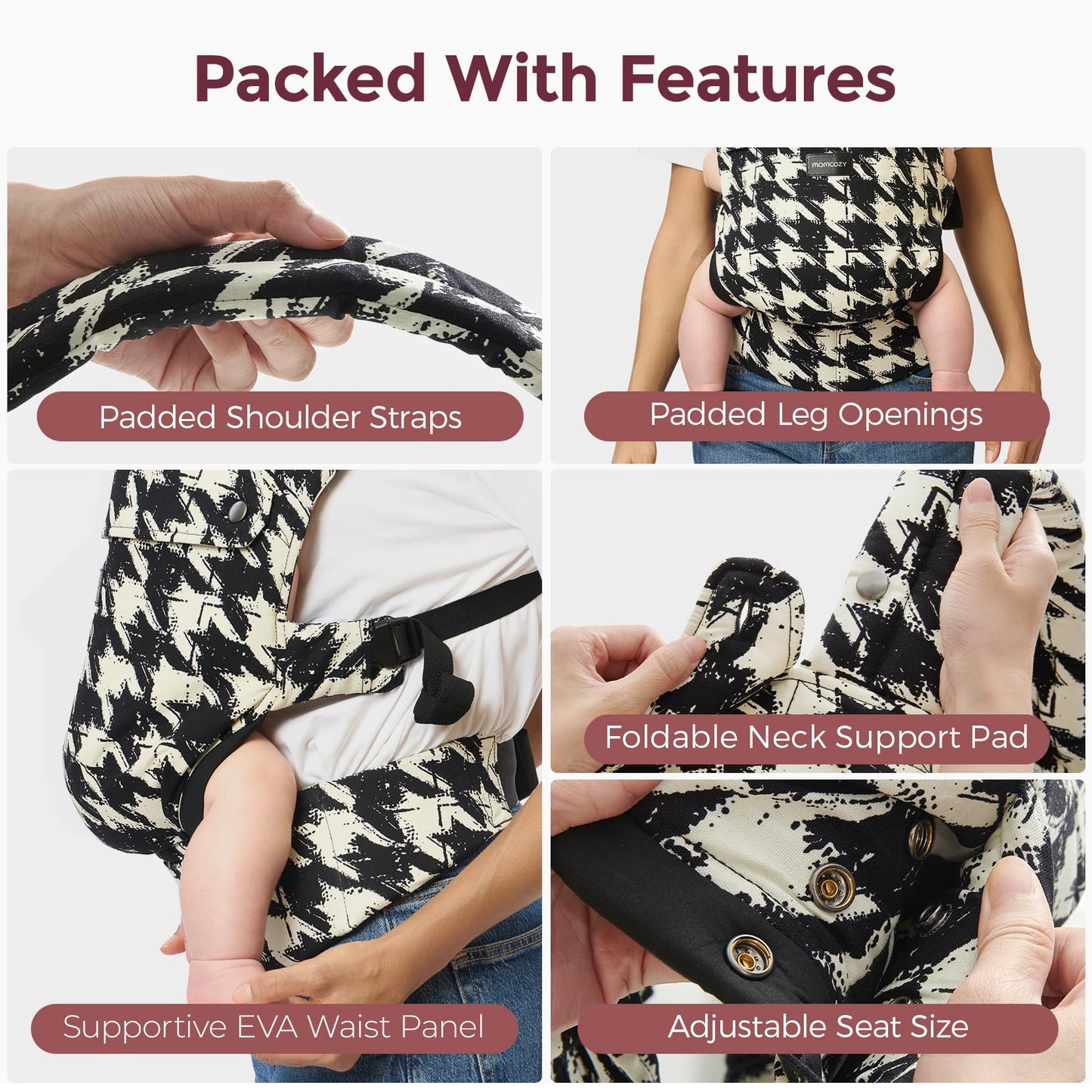 Momcozy Ergonomic Houndstooth Baby Carrier Lightweight Cozy Babywearing NEW
