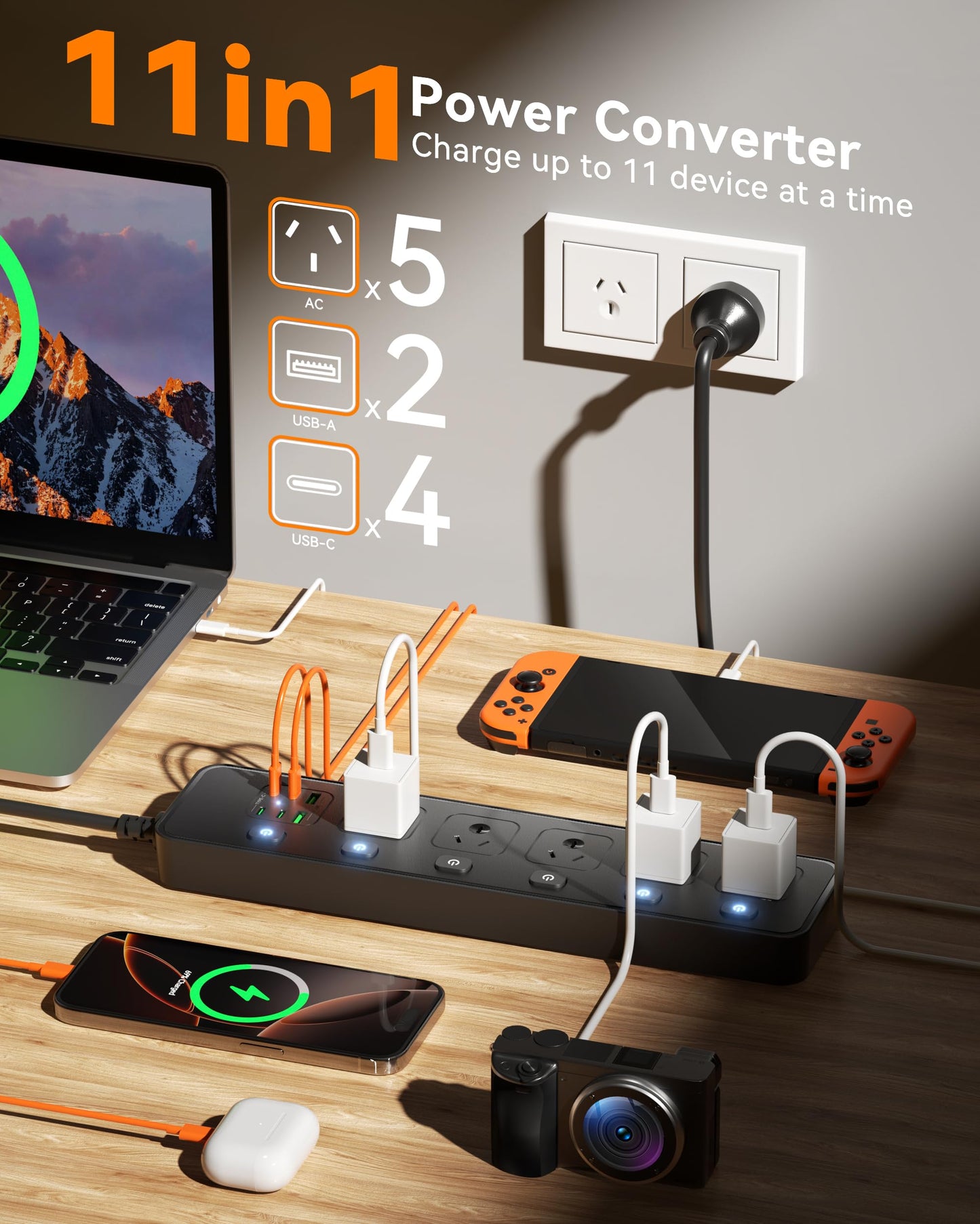 Power Strip with 5 AC Outlets and 2 USB Ports Surge Protector 3250W Black NEW