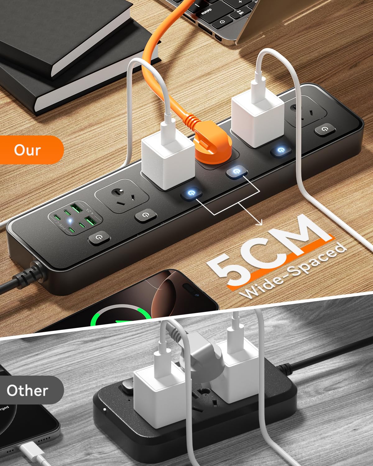 Power Strip with 5 AC Outlets and 2 USB Ports Surge Protector 3250W Black NEW