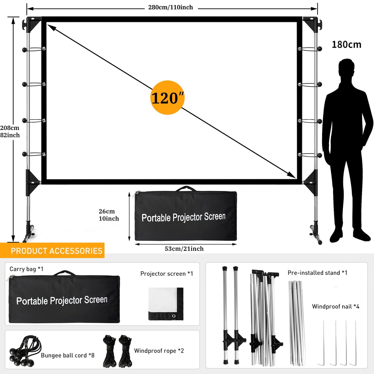 120 Inch Portable Projection Screen Anti-Crease Indoor Outdoor White & Black
