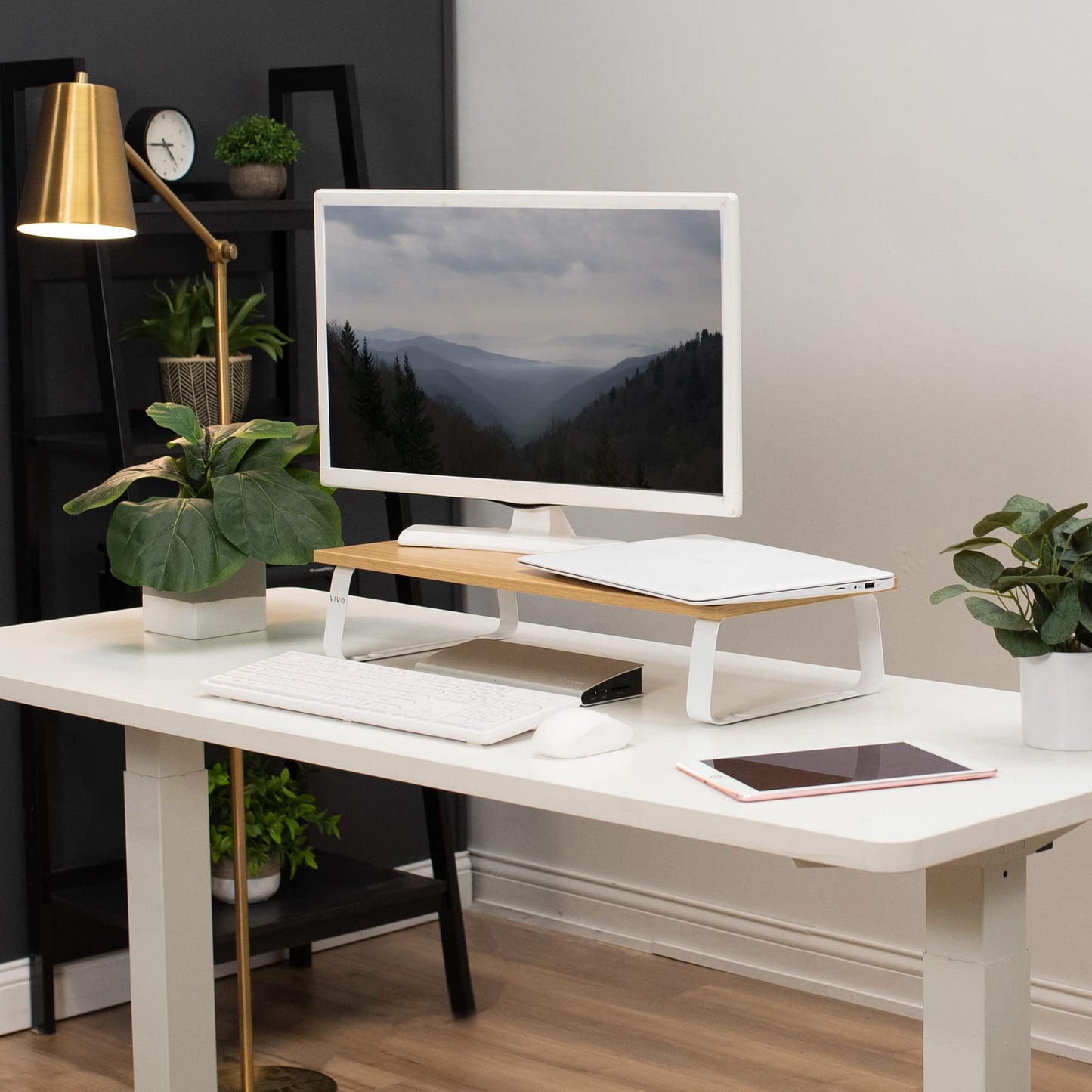 VIVO Light Wood Monitor Stand Desktop Riser for Laptop Screen Keyboard DEMO