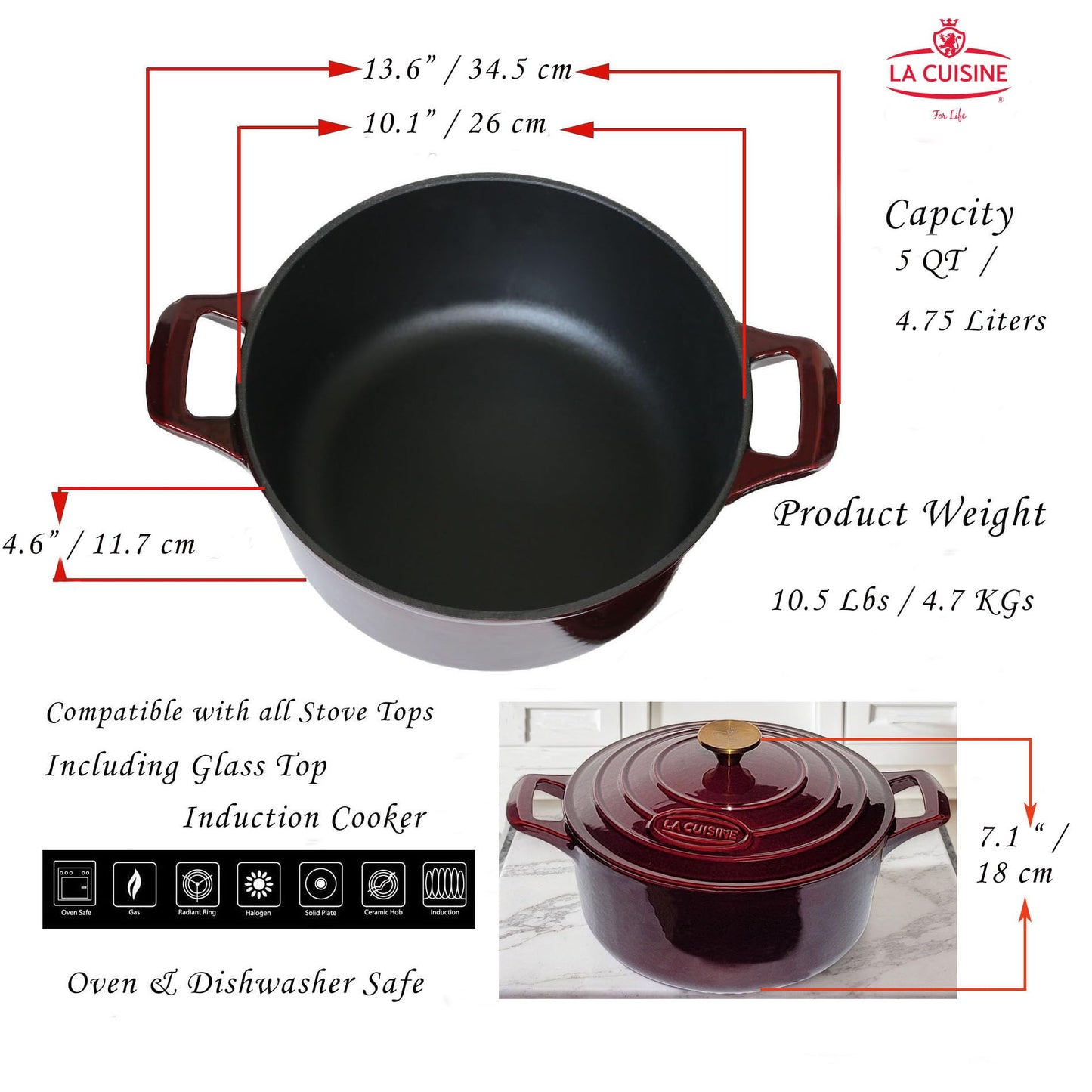 La Cuisine Enameled Cast Iron Dutch Oven Casserole Dish Pot Cranberry Red NEW