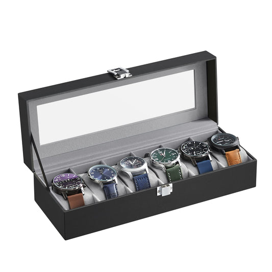 SONGMICS 6-Slot Glass Topped Watch Display Storage Box, Black & Gray, DEMO