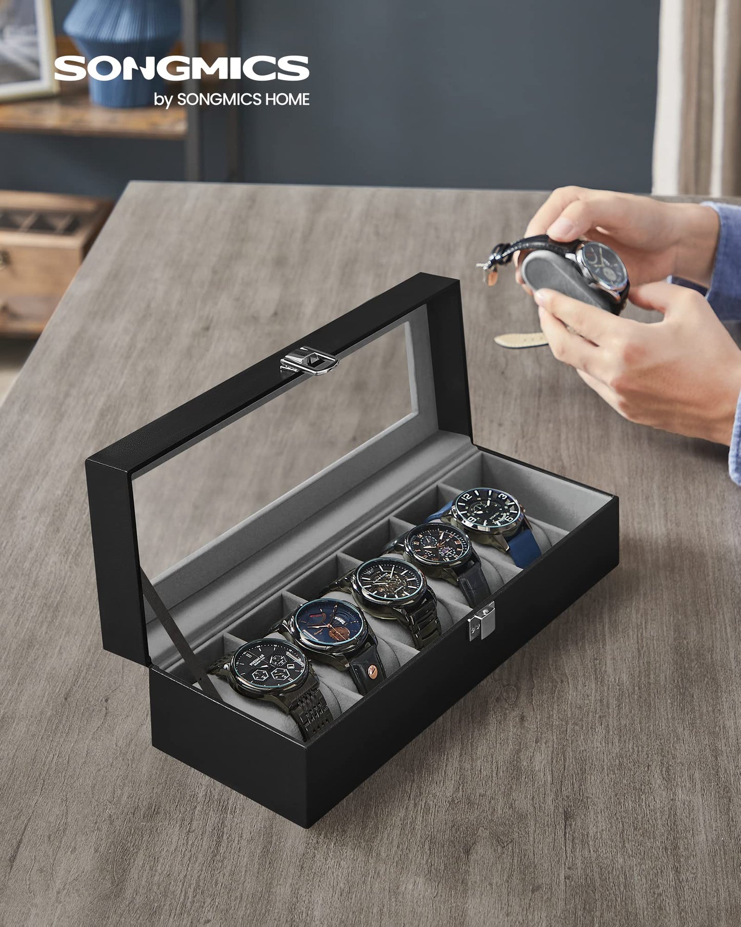 SONGMICS 6-Slot Glass Topped Watch Display Storage Box, Black & Gray, DEMO