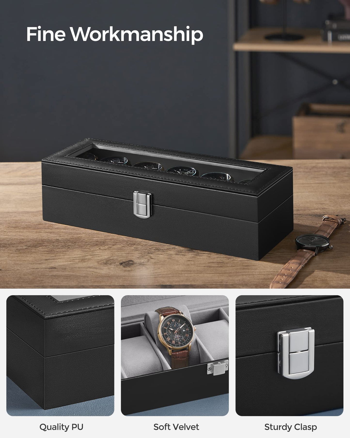 SONGMICS 6-Slot Glass Topped Watch Display Storage Box, Black & Gray, DEMO