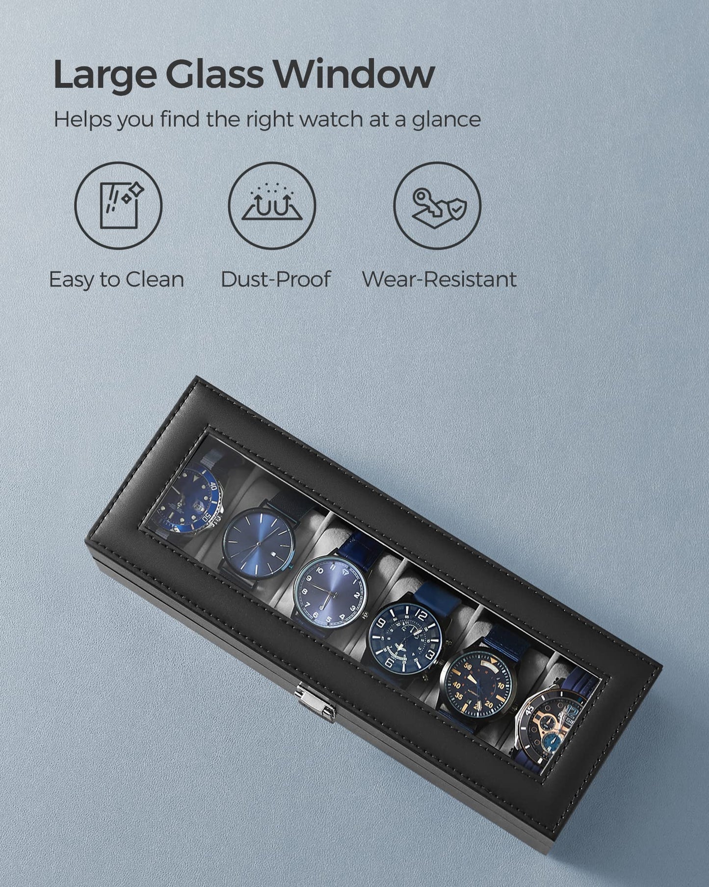 SONGMICS 6-Slot Glass Topped Watch Display Storage Box, Black & Gray, DEMO
