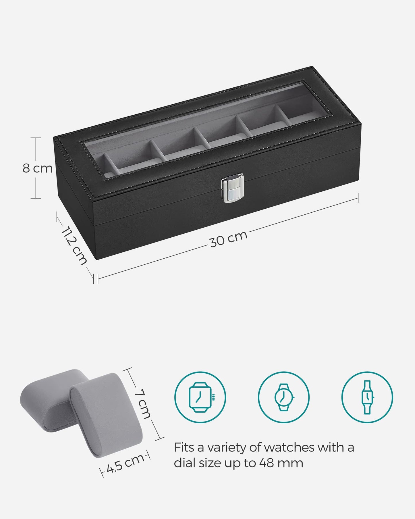 SONGMICS 6-Slot Glass Topped Watch Display Storage Box, Black & Gray, DEMO