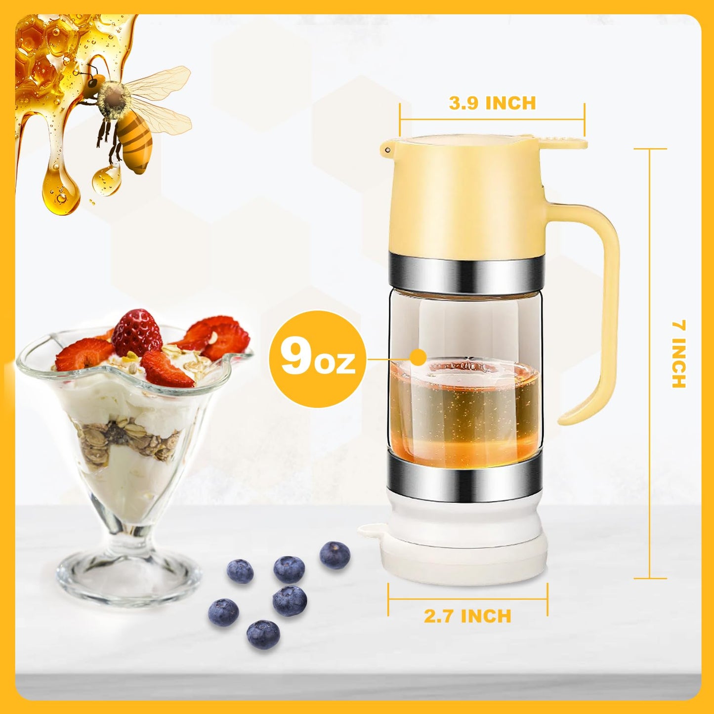 HOMKULA Glass Honey Dispenser No Drip Maple Syrup Jar for Coffee Tea 70-76oz NEW