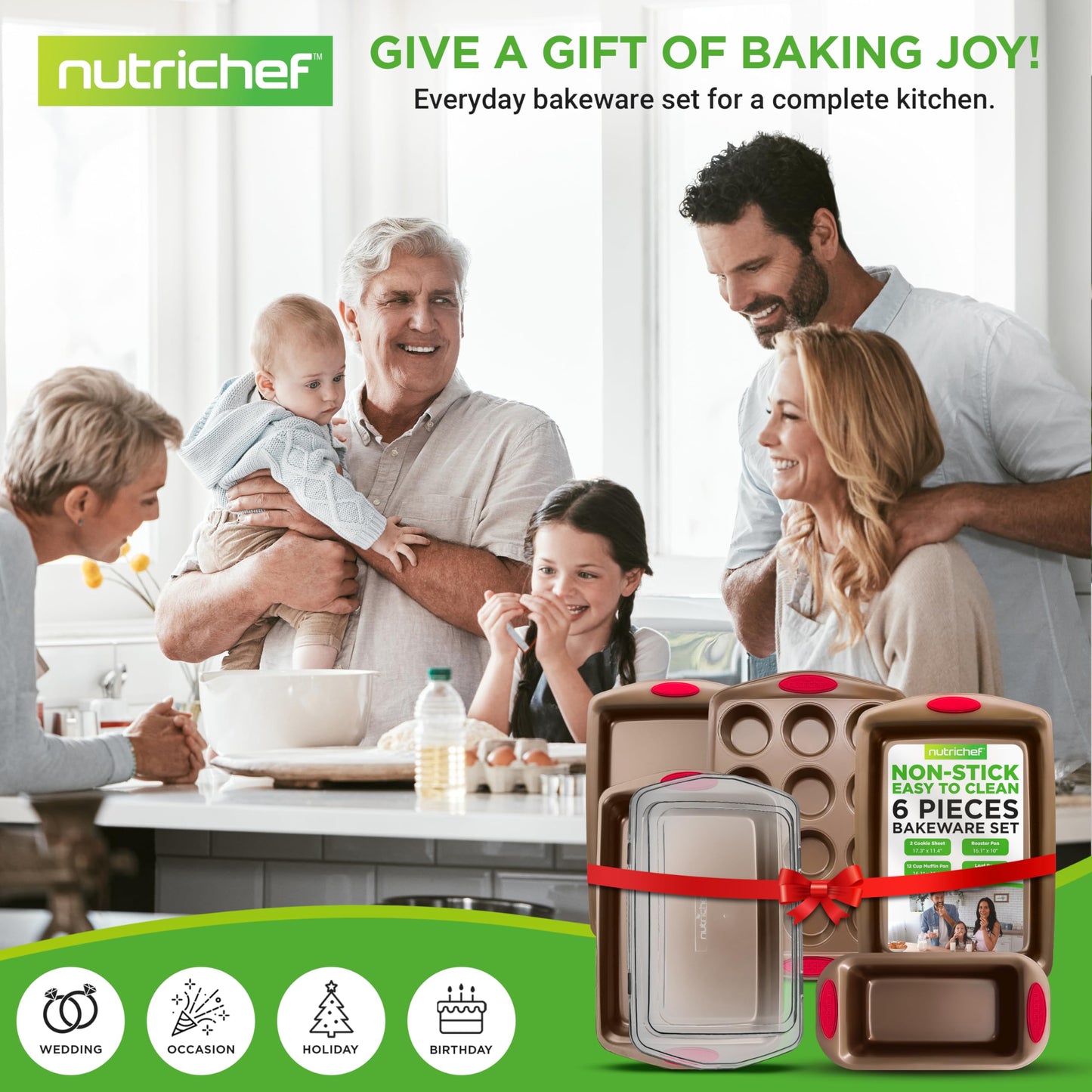 NutriChef 6-Piece Nonstick Baking Pan Set - Flexible Carbon Steel Bakeware NEW