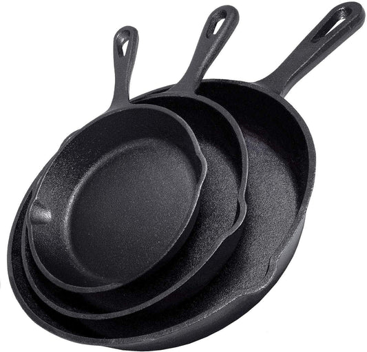 Cast Iron Frying Pan Set 3-Piece Heavy Duty Professional Chef Cookware Black NEW