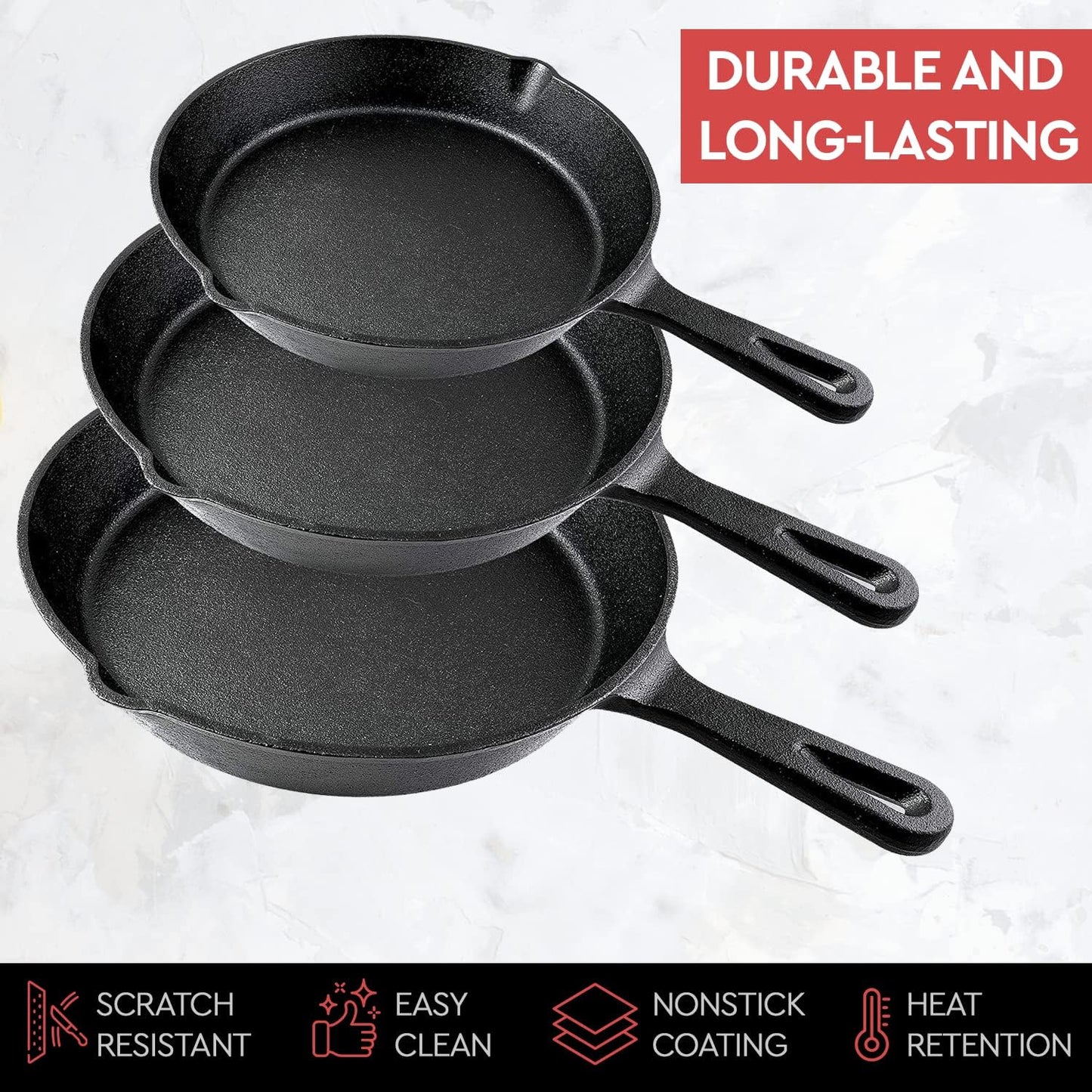 Cast Iron Frying Pan Set 3-Piece Heavy Duty Professional Chef Cookware Black NEW